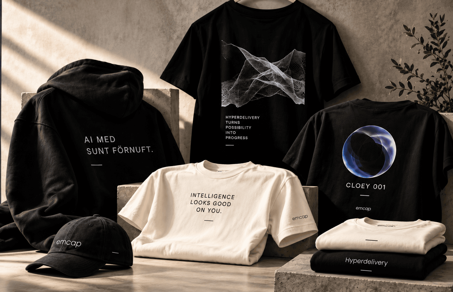 Emcap merch med t-shirts, sweatshirt och keps